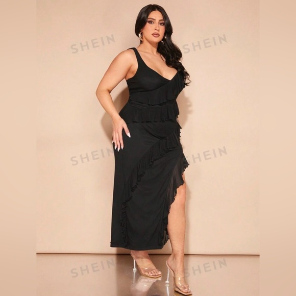NWT SHEIN BAE Plus Size Women Ruffled Hem Slit Dress BLACK - Picture 3 of 7